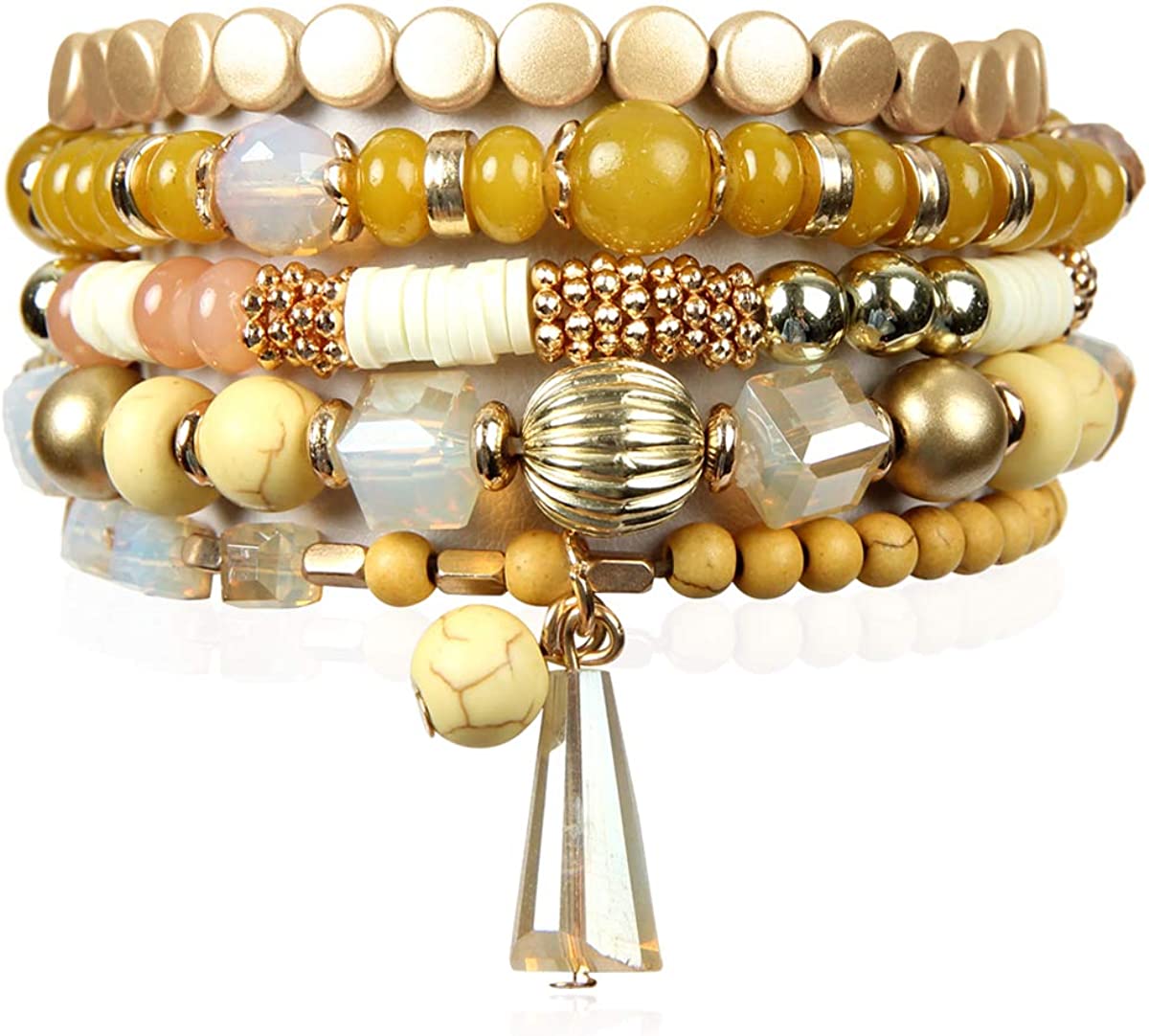 230816063350450_1 RIAH FASHION Bohemian Mix Bead Multi Layer Versatile Statement Bracelets - Stackable Beaded Strand Stretch Bangles Sparkly Crystal, Tassel Charm - Image 1